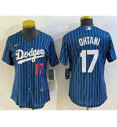 Women's Los Angeles Dodgers #17 Shohei Ohtani Number Blue Pinstripe Cool Base Stitched Baseball Jersey1