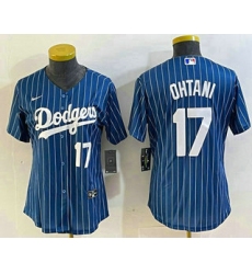 Women's Los Angeles Dodgers #17 Shohei Ohtani Number Blue Pinstripe Cool Base Stitched Baseball Jersey