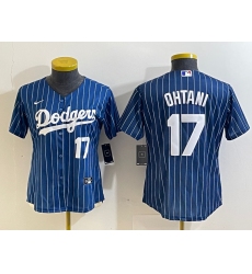 Women's Los Angeles Dodgers #17 Shohei Ohtani Number Red Navy Blue Pinstripe Stitched Cool Base Nike Jersey