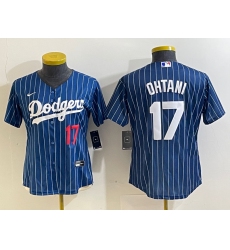 Women's Los Angeles Dodgers #17 Shohei Ohtani Number Red Navy Blue Pinstripe Stitched Cool Base Nike Jerseys