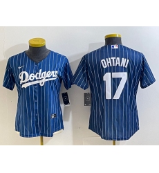 Women's Los Angeles Dodgers #17 Shohei Ohtani Red Navy Blue Pinstripe Stitched Cool Base Nike Jersey1