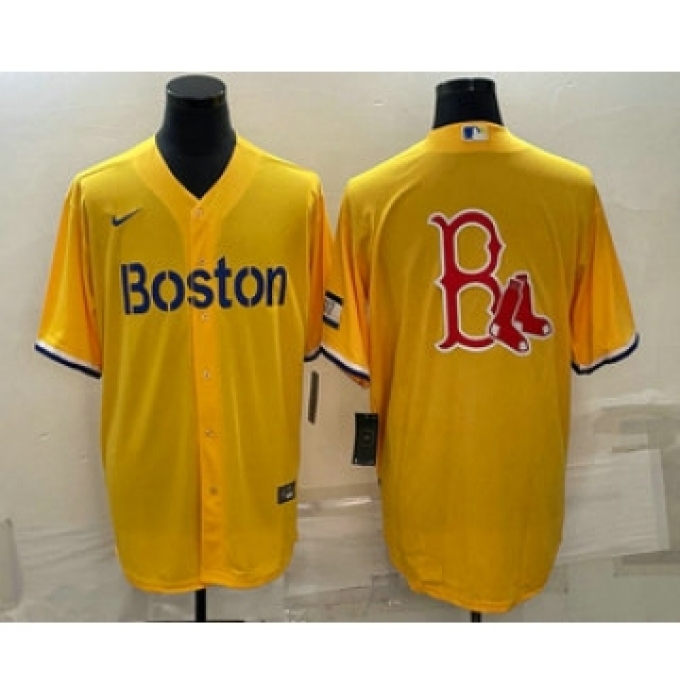 Men's Boston Red Sox Big Logo Gold 2021 City Connect Stitched MLB Cool Base Nike Jersey