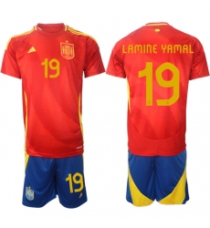Men's Spain Team #19 Lamine Yamal 2024-25 Red Home Soccer Jersey Suit