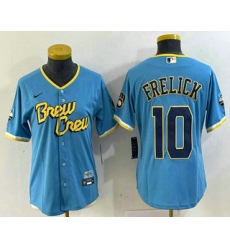 Women's Milwaukee Brewers #10 Sal Frelick Blue 2022 City Connect Cool Base Stitched Jersey