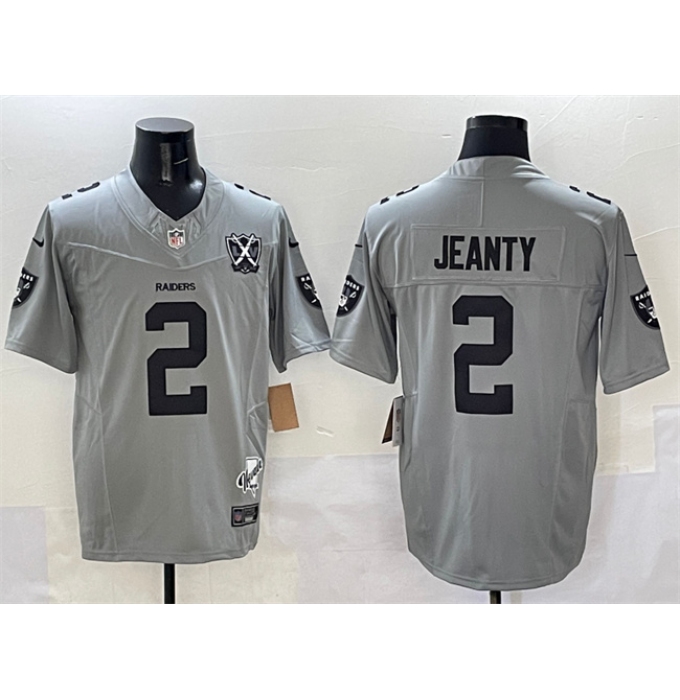 Men's Las Vegas Raiders #2 Ashton Jeanty Gray 2025 Draft F.U.S.E. With Nevada Silver Stat And 65th Anniversary Football Stitched Jersey