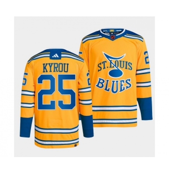 Men's St. Louis Blues #25 Jordan Kyrou Yellow 2022-23 Reverse Retro Stitched Jersey