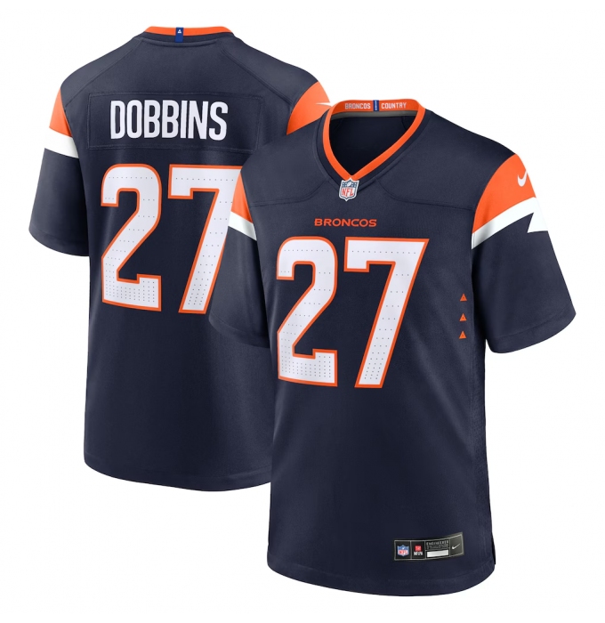 Men's Denver Broncos #27 J.K. Dobbins Navy 2025 Alternate Football Stitched Game Jersey