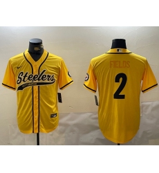 Men's Pittsburgh Steelers #2 Justin Fields Yellow With Cool Base Stitched Baseball Jersey