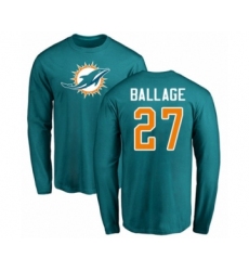 Football Miami Dolphins #27 Kalen Ballage Aqua Green Name & Number Logo Long Sleeve T-Shirt