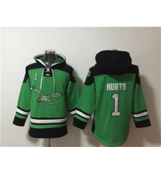 Mens Philadelphia Eagles #1 Jalen Hurts Green Ageless Must-Have Lace-Up Pullover Hoodie