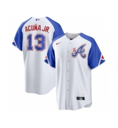 Men's Atlanta Braves #13 Ronald Acuña Jr. White 2023 City Connect Cool Base Stitched Baseball Jersey