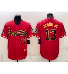 Men's Atlanta Braves #13 Ronald Acuna Jr Red Gold World Series Champions Program Cool Base Stitched Baseball Jersey