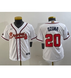 Youth Atlanta Braves #20 Marcell Ozuna White Gold World Series Champions Cool Base Stitched Jersey