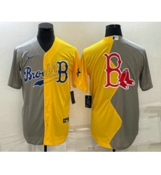 Men's Boston Red Sox Big Logo Grey Yellow Split Cool Base Stitched Jersey