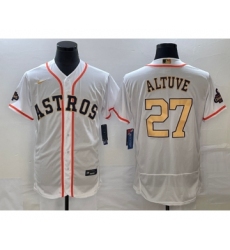 Men's Houston Astros #27 Jose Altuve 2023 White Gold World Serise Champions Flex Base Stitched Jersey