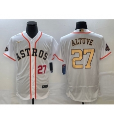 Men's Houston Astros #27 Jose Altuve Number 2023 White Gold World Serise Champions Flex Base Stitched Jersey2