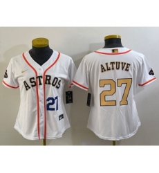 Women's Houston Astros #27 Jose Altuve Number 2023 White Gold World Serise Champions Cool Base Stitched Jersey1