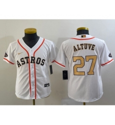 Youth Houston Astros #27 Jose Altuve 2023 White Gold World Serise Champions Cool Base Stitched Jersey