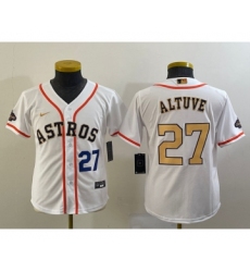 Youth Houston Astros #27 Jose Altuve Number 2023 White Gold World Serise Champions Cool Base Stitched Jersey1