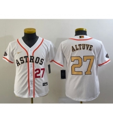 Youth Houston Astros #27 Jose Altuve Number 2023 White Gold World Serise Champions Cool Base Stitched Jersey