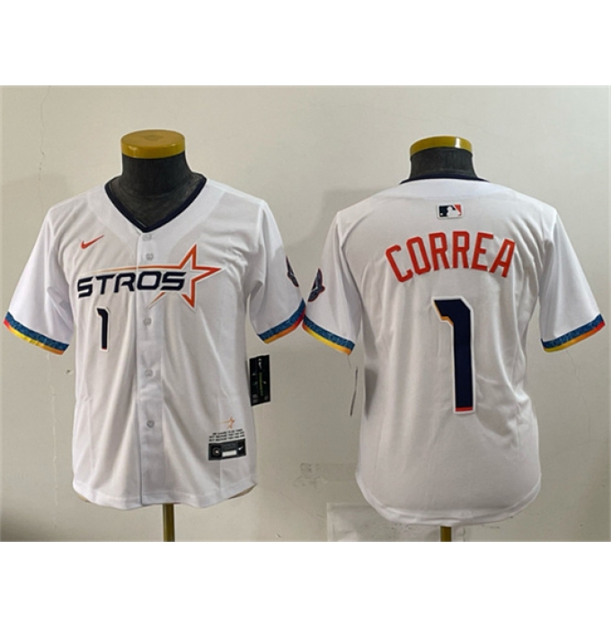 Youth Houston Astros #1 Carlos Correa White 2025 City Connect Limited Stitched Baseball Jersey