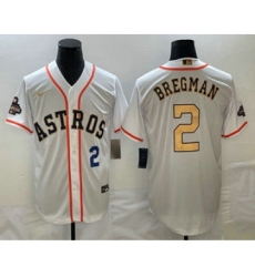 Mens Houston Astros #2 Alex Bregman Number 2023 White Gold World Serise Champions Cool Base Stitched Jersey