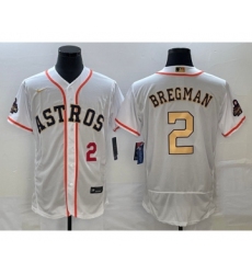 Men's Houston Astros #2 Alex Bregman Number 2023 White Gold World Serise Champions Flex Base Stitched Jersey1