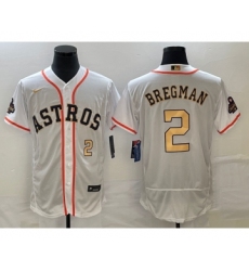 Men's Houston Astros #2 Alex Bregman Number 2023 White Gold World Serise Champions Flex Base Stitched Jersey2