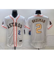 Men's Houston Astros #2 Alex Bregman Number 2023 White Gold World Serise Champions Flex Base Stitched Jersey