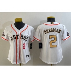 Women's Houston Astros #2 Alex Bregman Number 2023 White Gold World Serise Champions Cool Base Stitched Jersey1