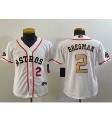 Youth Houston Astros #2 Alex Bregman Number 2023 White Gold World Serise Champions Cool Base Stitched Jersey