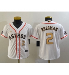 Youth Houston Astros #2 Alex Bregman Number 2023 White Gold World Serise Champions Cool Base Stitched Jerseys