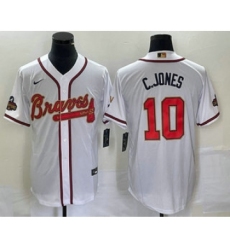 Men's Atlanta Braves #10 Chipper Jones 2022 White Gold World Series Champions Program Cool Base Stitched Baseball Jersey