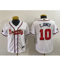 Youth Atlanta Braves #10 Chipper Jones 2022 White Gold World Series Champions Cool Base Stitched Jersey