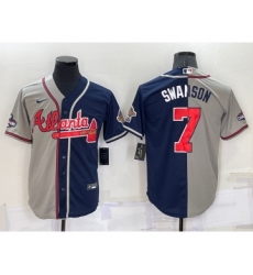 Men's Atlanta Braves #7 Dansby Swanson Grey Navy Blue Two Tone Stitched Nike Jersey