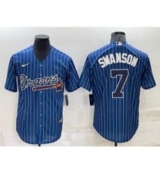 Men's Atlanta Braves #7 Dansby Swanson Navy Blue Pinstripe Stitched MLB Cool Base Nike Jersey