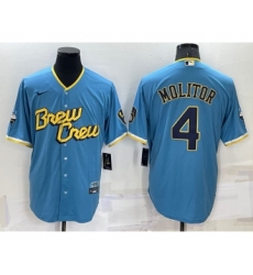 Men's Milwaukee Brewers #4 Paul Molitor Blue 2022 City Connect Cool Base Stitched Jersey