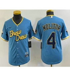 Youth Milwaukee Brewers #4 Paul Molitor Blue 2022 City Connect Cool Base Stitched Jersey