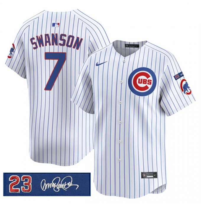 Men's Chicago Cubs #7 Dansby Swanson White Pinstripe 'Ryne Sandberg Tribute' Vapor Limited V3 Stitched Baseball Jersey