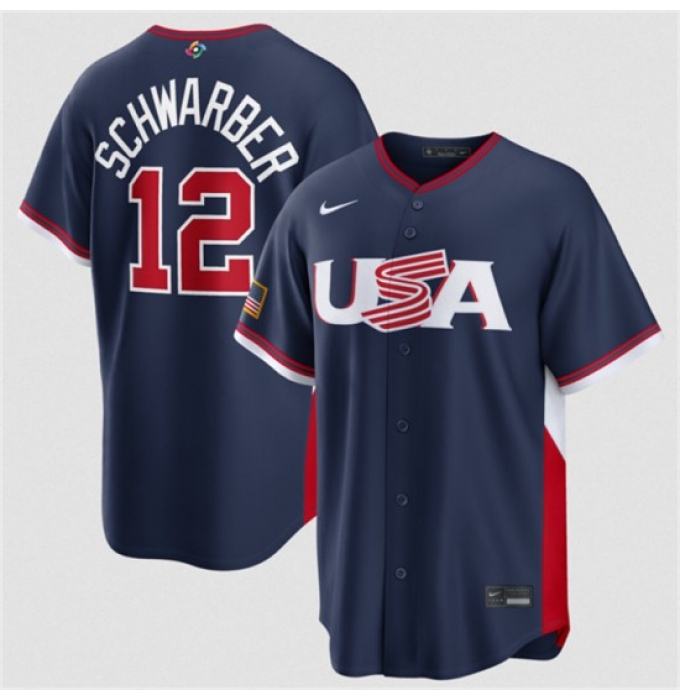 Men's USA Baseball #12 Kyle Schwarber Navy 2026 World Baseball Classic Road Stadium Stitched Jersey