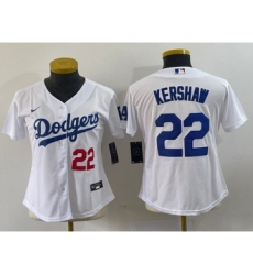 Women's Nike Los Angeles Dodgers #22 Clayton Kershaw Number White Stitched MLB Cool Base Nike Jersey