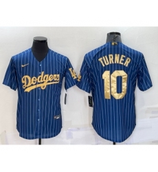 Men's Los Angeles Dodgers #10 Justin Turner Navy Blue Gold Pinstripe Stitched MLB Cool Base Nike Jersey