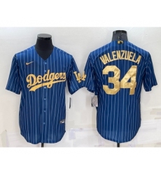 Men's Los Angeles Dodgers #34 Fernando Valenzuela Navy Blue Gold Pinstripe Stitched MLB Cool Base Nike Jersey