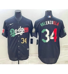 Mens Los Angeles Dodgers #34 Fernando Valenzuela Number Mexico Black Cool Base Stitched Baseball Jersey