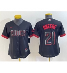 Women's Cincinnati Reds #21 Hunter Greene Black 2023 City Connect Cool Base Stitched Jersey1