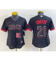 Women's Cincinnati Reds #21 Hunter Greene Number Black 2023 City Connect Cool Base Stitched Jersey2