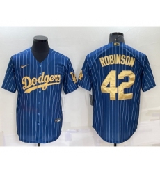 Men's Los Angeles Dodgers #42 Jackie Robinson Navy Blue Gold Pinstripe Stitched MLB Cool Base Nike Jersey