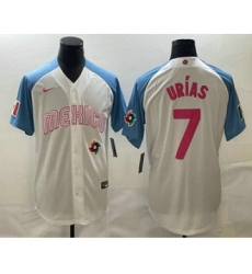 Men's Mexico Baseball #7 Julio Urias 2023 White Blue World Classic Stitched Jersey