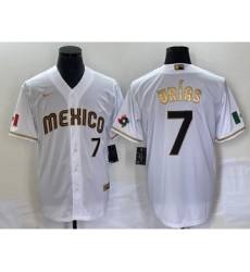 Men's Mexico Baseball #7 Julio Urias Number 2023 White Gold World Baseball Classic Stitched Jersey