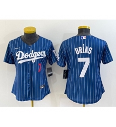 Women's Los Angeles Dodgers #7 Julio Urias Number Navy Blue Pinstripe Stitched MLB Cool Base Nike Jersey